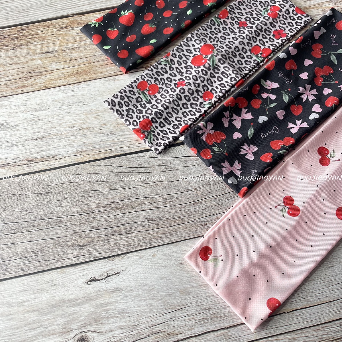 The new cherry-printed hair band from Europe and America is fashionable, sweet and cool. It features a fruit-patterned hair accessory with wide edges and a flat elastic band for women pic 8