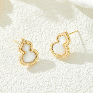 Chinese-style light luxury natural mother-of-pearl gourd ear studs, copper alloy micro-inlaid zircon s925 silver needle high-end earrings and pendants pic 6