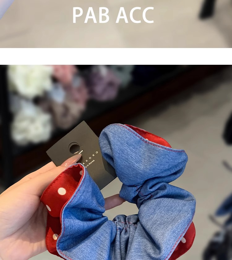 High-end AB side denim blue polka dot pleated fat intestine band double-layer hair binding three-dimensional durable leather band hair band purchased through a Korean agent pic 4