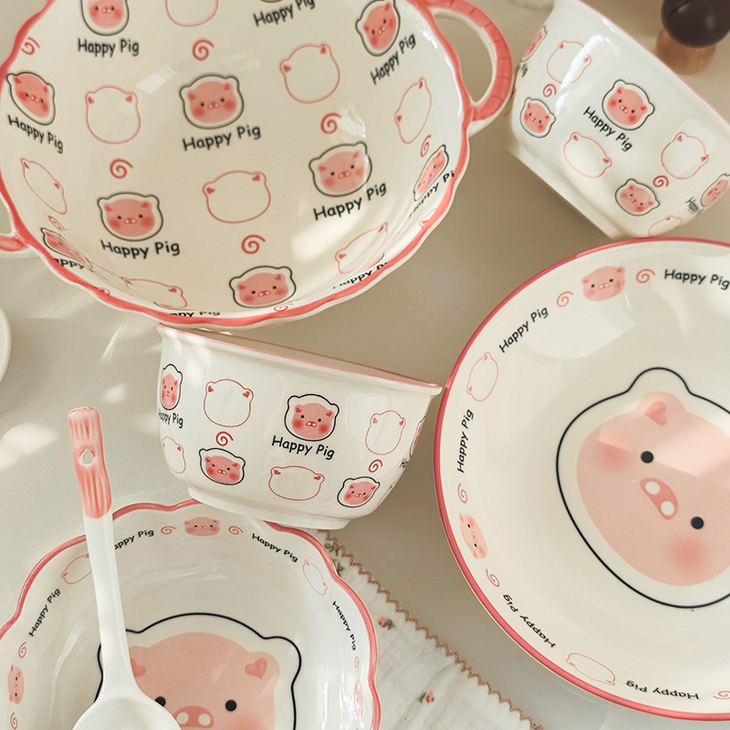 可爱卡通猪陶瓷碗家用釉下彩餐具米饭碗勺子碗碟盘套装高颜值耐用详情7