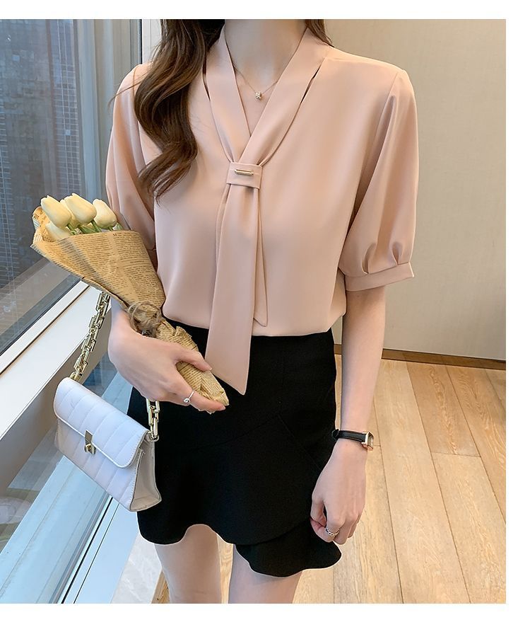 夏季短袖衬衫女装2024夏季新款气质蝴蝶结职业白领工作服短袖衬衣1详情17