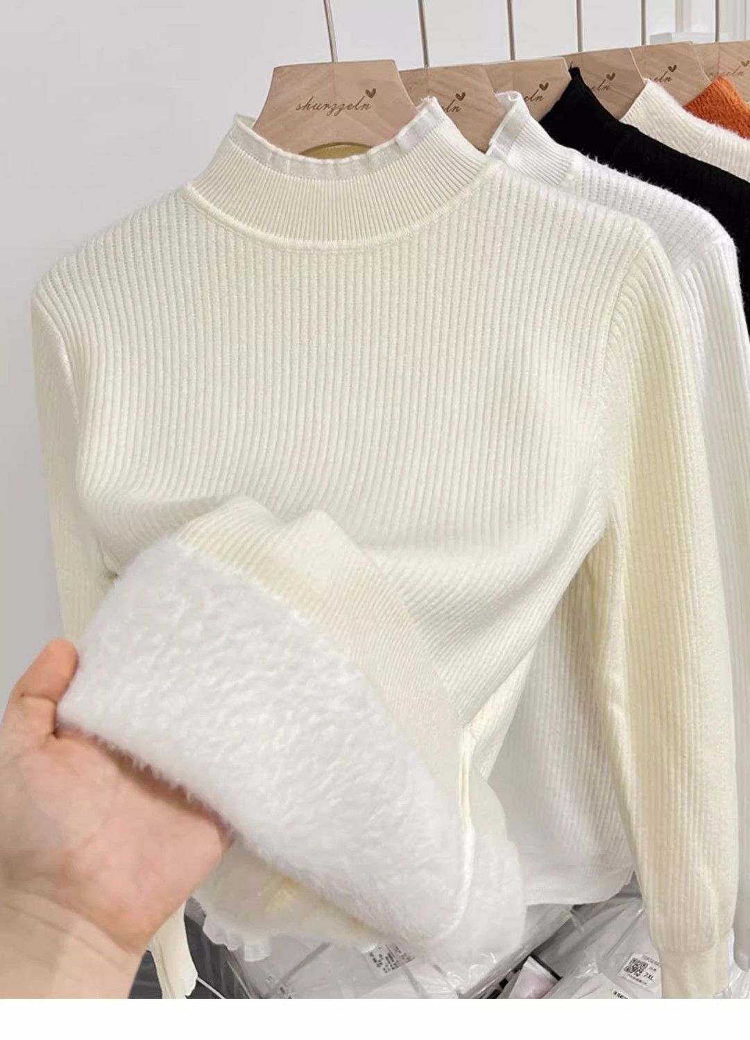 Autumn and winter semi-high neck with fleece lace one-piece fleece thickening 2024 new style black fungus knitted sweater base top sweater for women pic 3