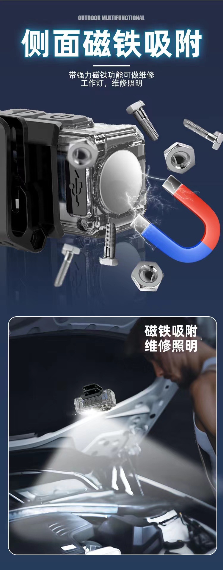 跨境多功能吸磁头戴式充电头灯智能感应夹帽灯红蓝警示便携夜钓灯详情15