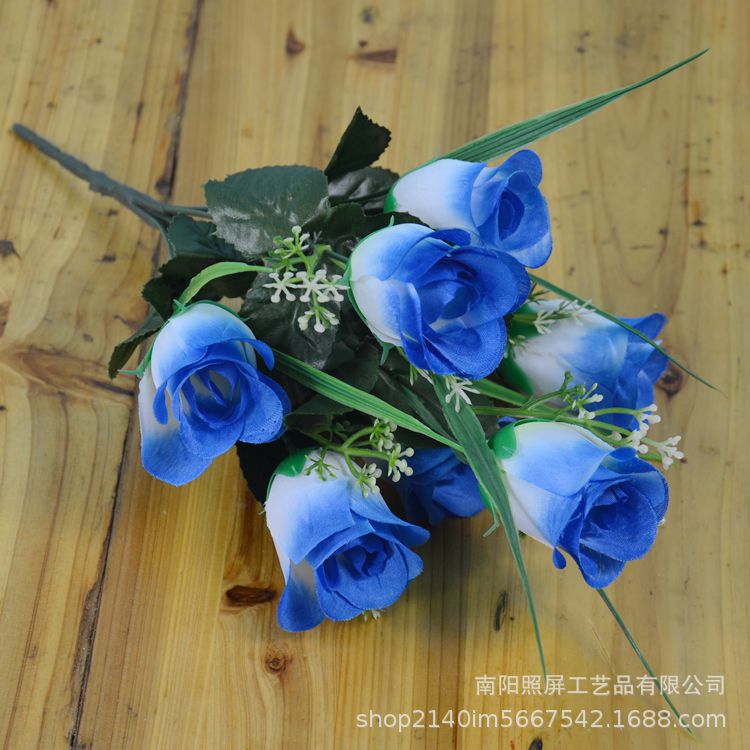 照屏仿真花厂家批发仿真玫瑰花仿真绢花七头春蕾把花小假花花束详情14