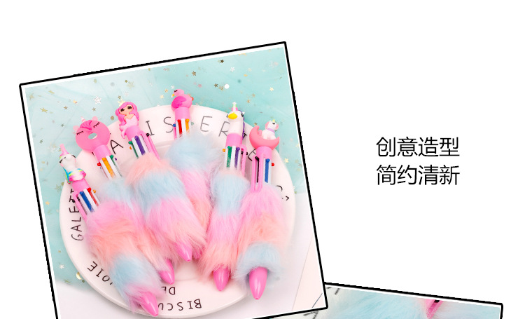 Creative 6-color ballpoint pen, Swan Rainbow plush pen, personalized stationery, creative shape 6-color unicorn signature pen pic 5