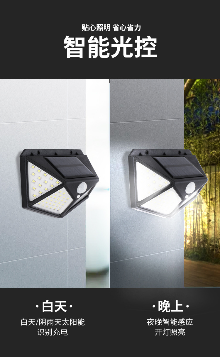 Cross-border 100led solar wall lamp, human body sensing light control, waterproof garden lamp, outdoor small street lamp, solar lamp pic 13