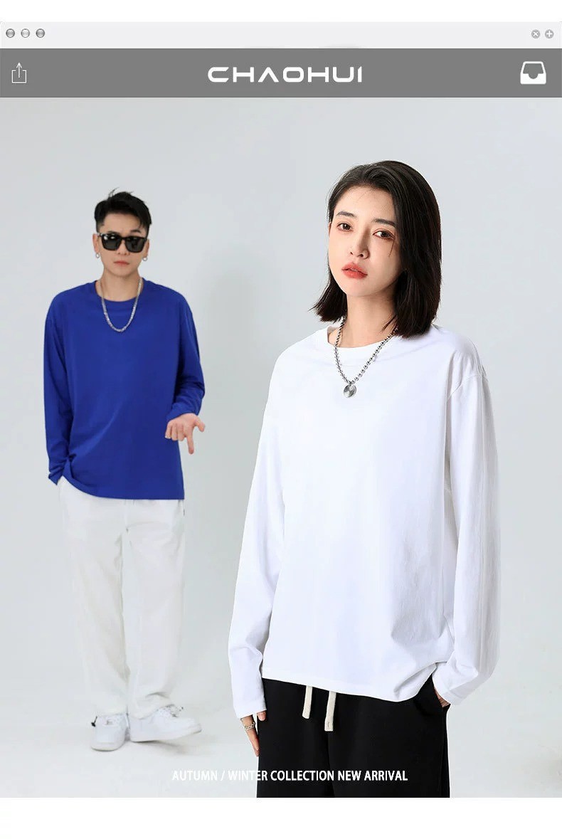 220g pure cotton top, T-shirt, long-sleeved solid color, loose and casual, round-neck, autumn and winter trendy brand base layer for men and women pic 8