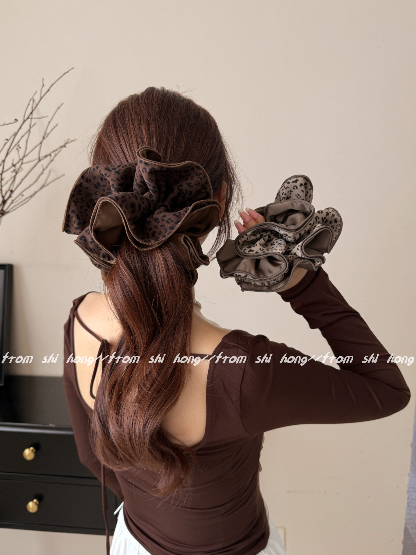 韩版四层锁边AB面双拼豹纹发圈气质百搭丸子头头花时尚发绳扎头绳详情4