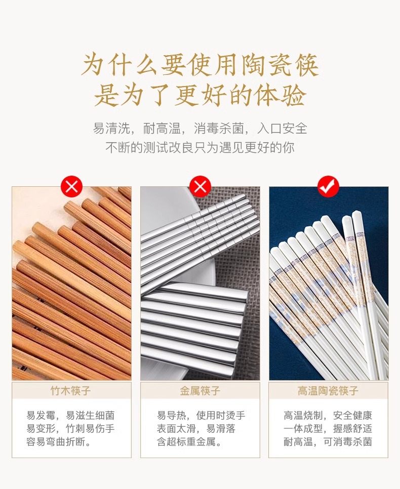 景德镇陶瓷筷子易清洗防滑家用10双装防霉抗摔耐高温强化瓷公筷子详情4
