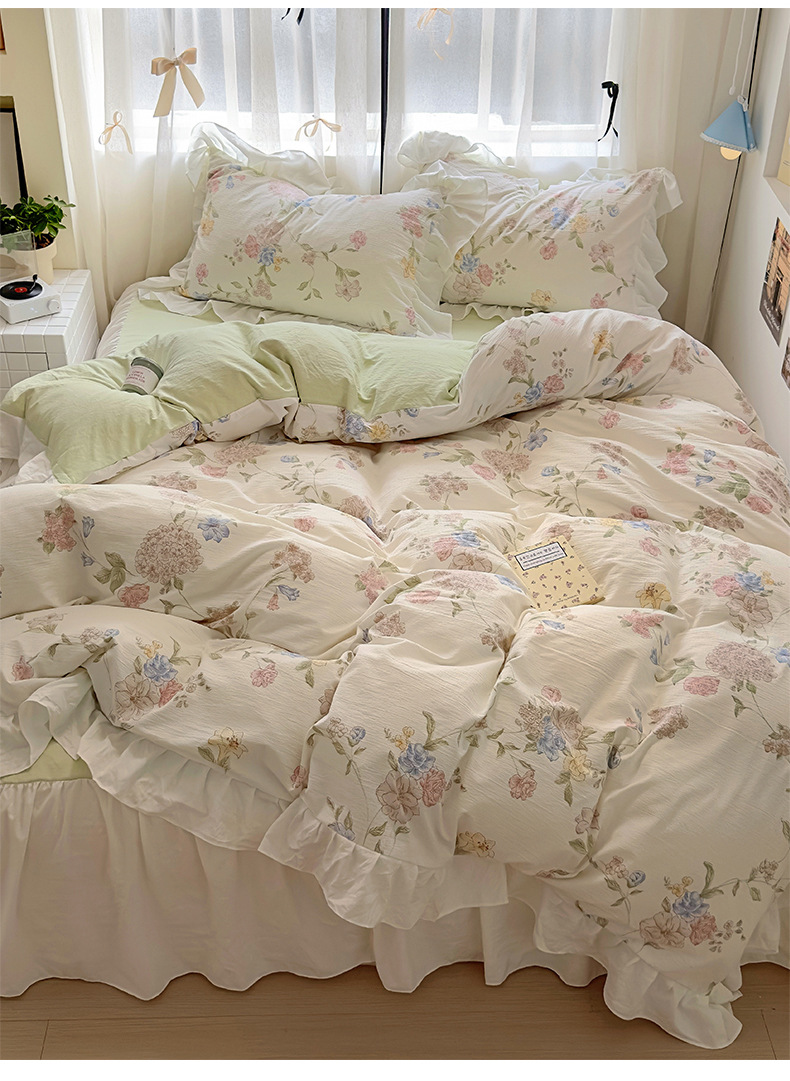 French romantic princess-style lace washed cotton four-piece set, small floral skin-friendly quilt cover, dormitory three-piece set, bed skirt style pic 44