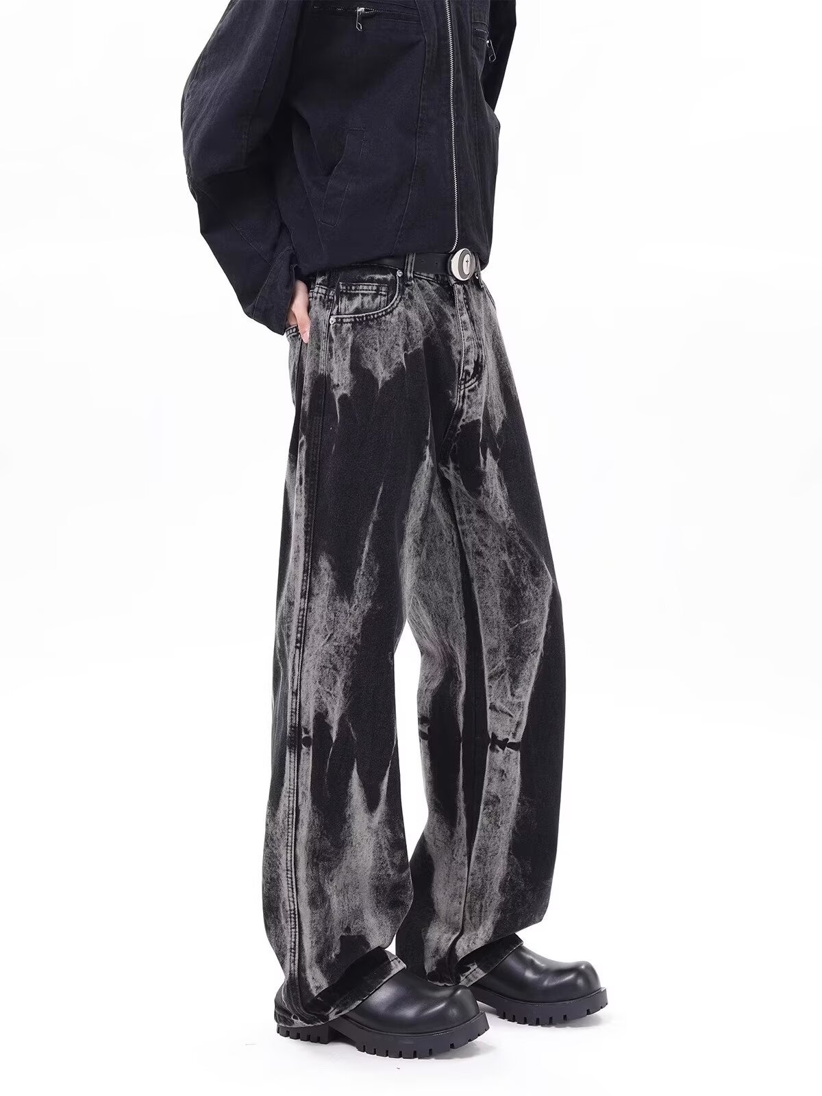 FUIV 扎染水洗垂感牛仔裤男女新款渐变宽松显瘦直筒阔腿拖地裤子详情9