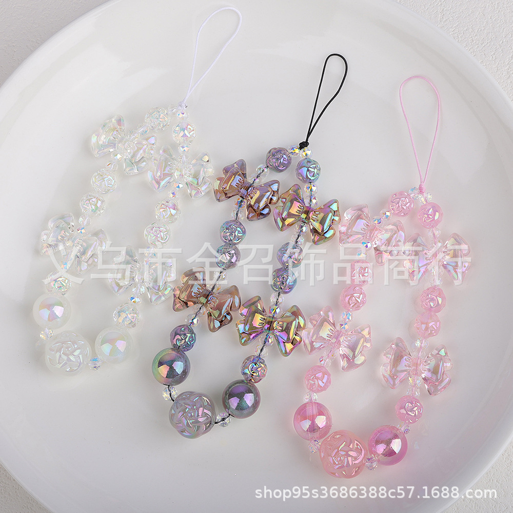 2024 New color-plated bow phone chain, fashionable and fresh phone case lanyard, anti-loss and anti-drop wrist strap for girls pic 2