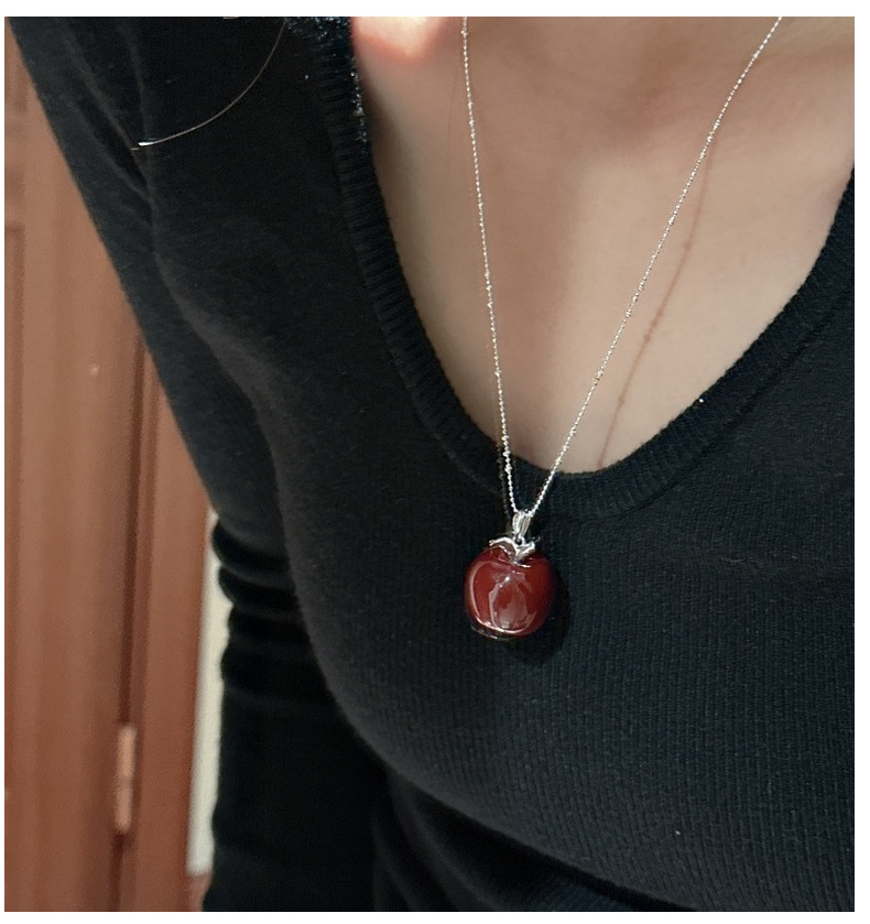 S925 sterling silver niche design Angolan red apple pendant necklace, simple and fashionable, safe and sound sweater chain pic 5