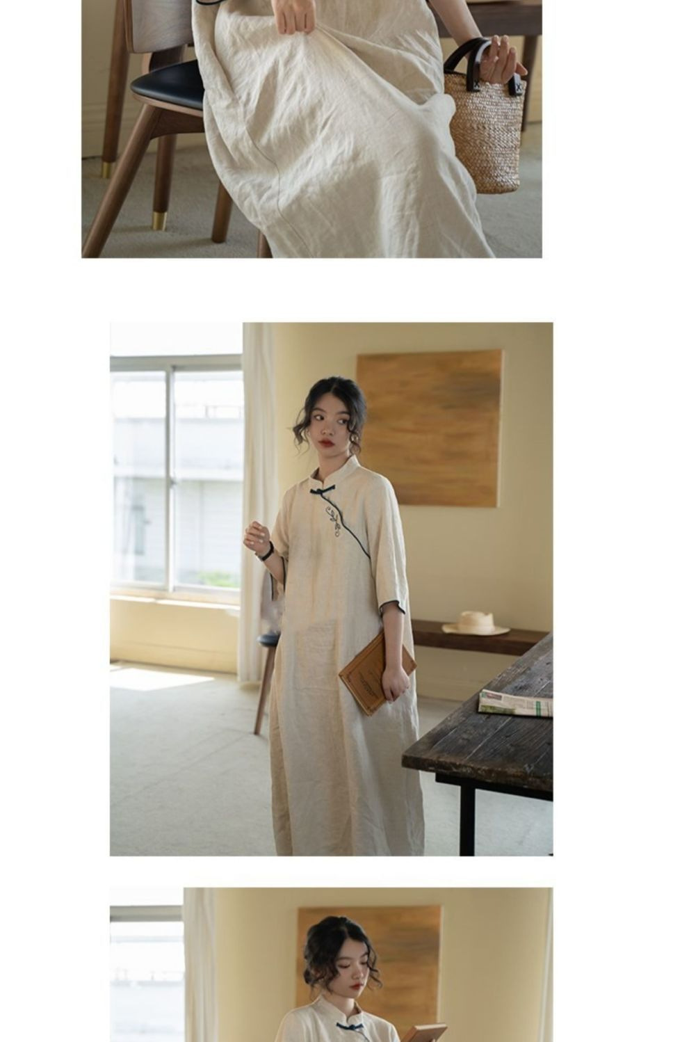 2025春夏季棉麻宽松复古刺绣新中式改良旗袍连衣裙小立领绣花裙子详情12