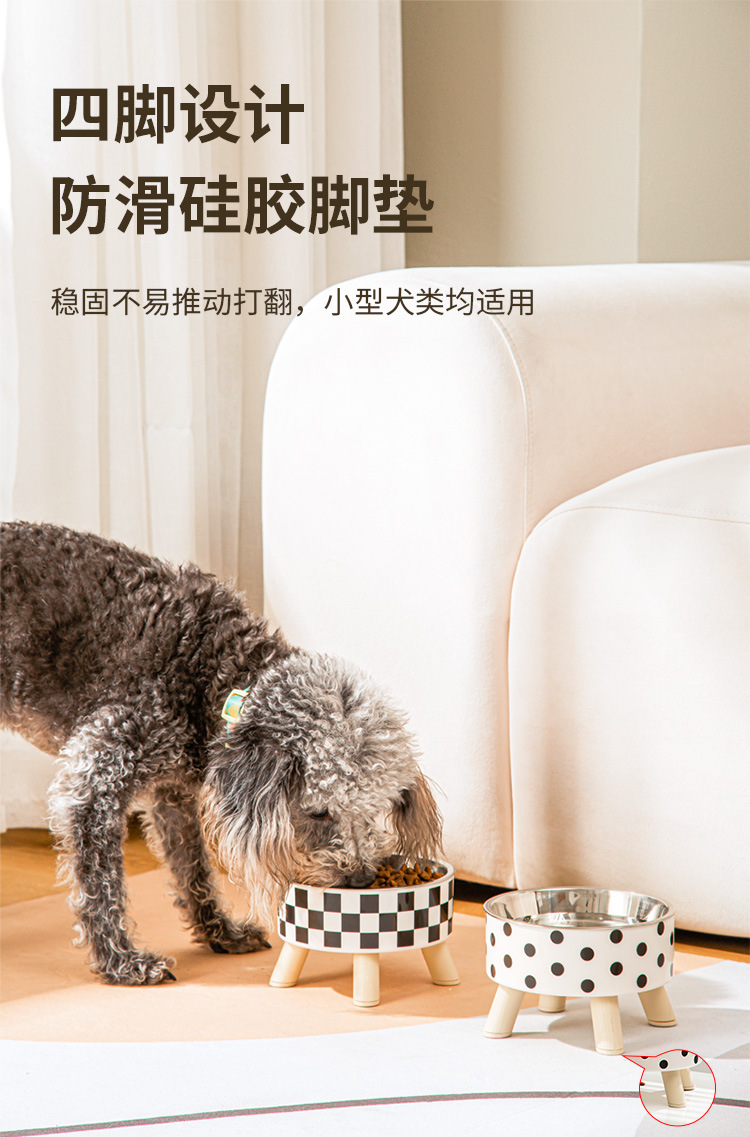 Wholesale of high-legged polka dot checkered pet bowls and anti-drop pet food utensils for cats and dogs pic 6