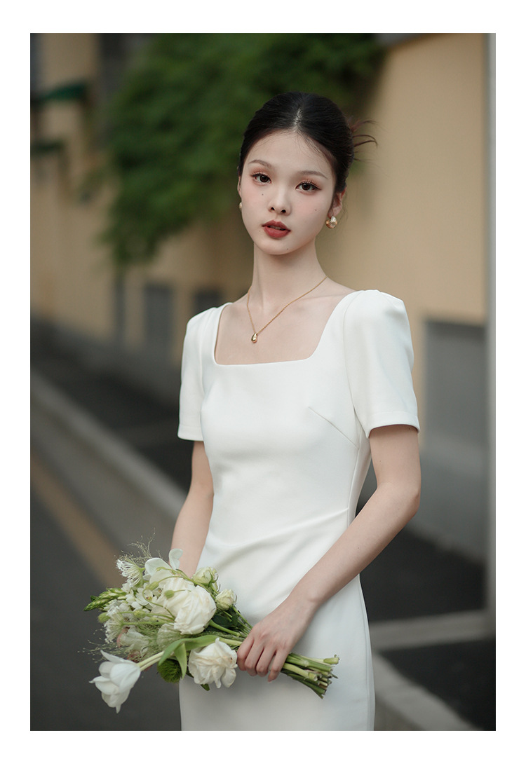 白色法式小礼服方领短袖修身微弹力长款领证订婚小晚礼服连衣裙详情5