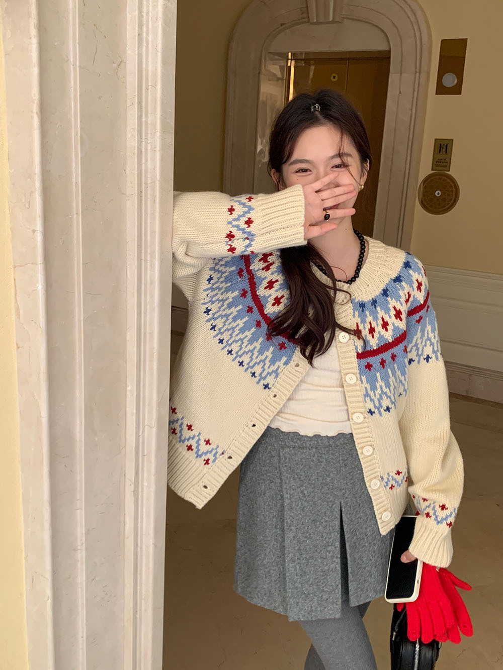 费尔岛复古美式少女撞色波普提花单排扣针织开衫厚实保暖毛衣外套详情75
