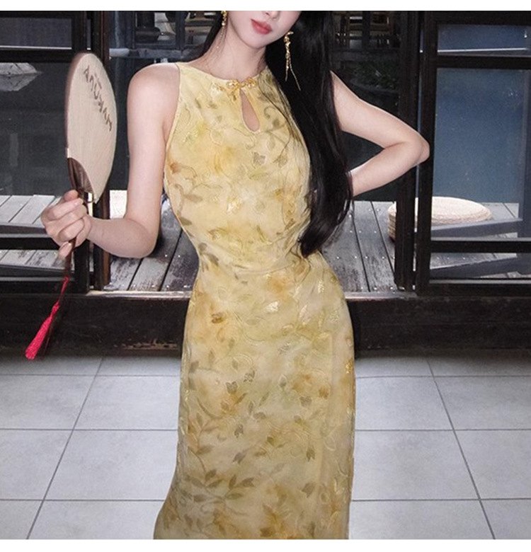 【 Spring Knowledge and Tangxin 】 New Chinese-style traditional Chinese cut-and-shoulder modified cheongsam mid-length dress, elegant printed long dress pic 15