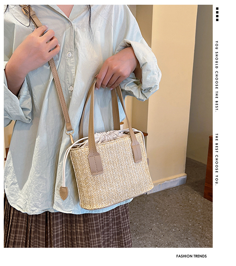 韩国ins草编织手提包夏季新款休闲度假女菜篮子单肩包撞色斜挎包详情1