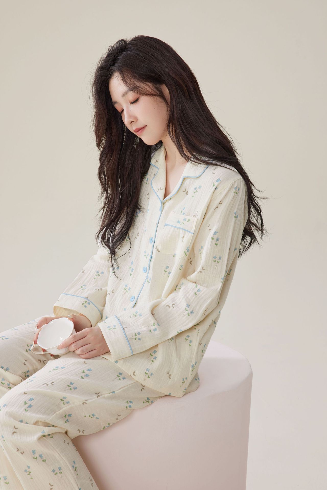 新款纯棉棉纱睡衣女士春秋季薄款印花长袖日系田园风双层纱家居服详情8