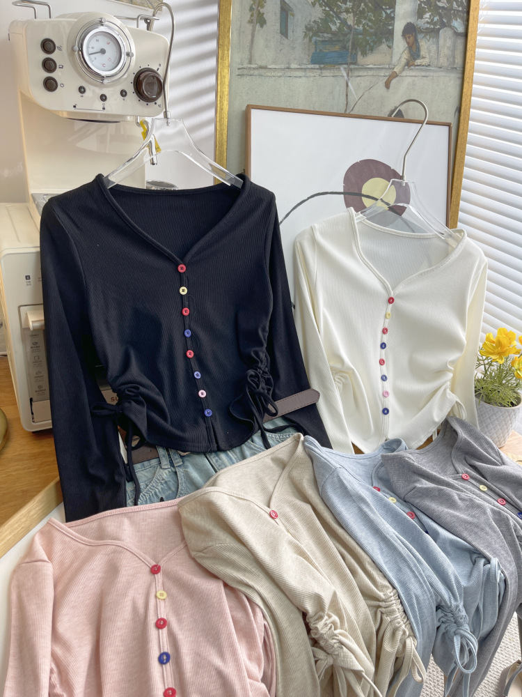 抽绳针织长袖t恤女2024秋新款修身短款设计感内搭打底衫上衣4659详情2