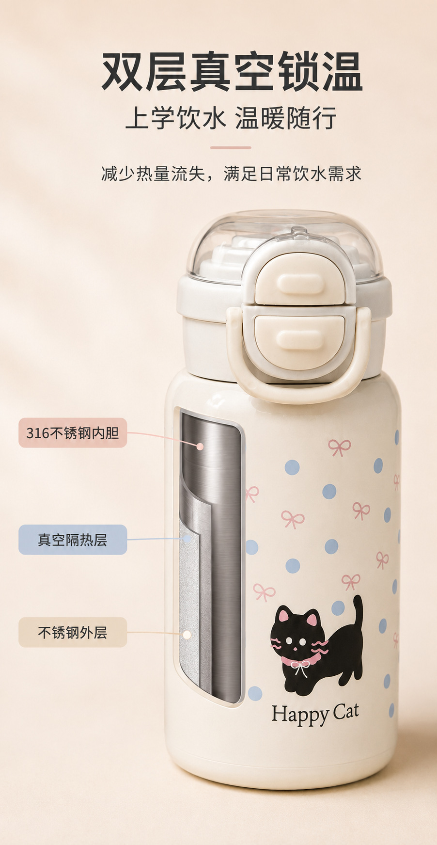 卡通黑猫粉色蓝色波点儿童保温杯不锈钢变色水晶亚克力玻璃定制logo礼品详情7