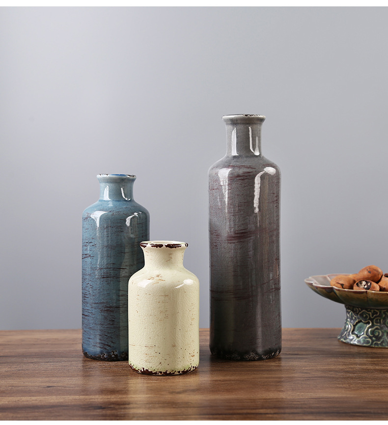 2025 Cross-border Rural Ice-Crack Ceramic Vase in Gray, Blue and Green 3-piece Set Bohemian Retro Home Decoration Farmhouse Vase pic 4