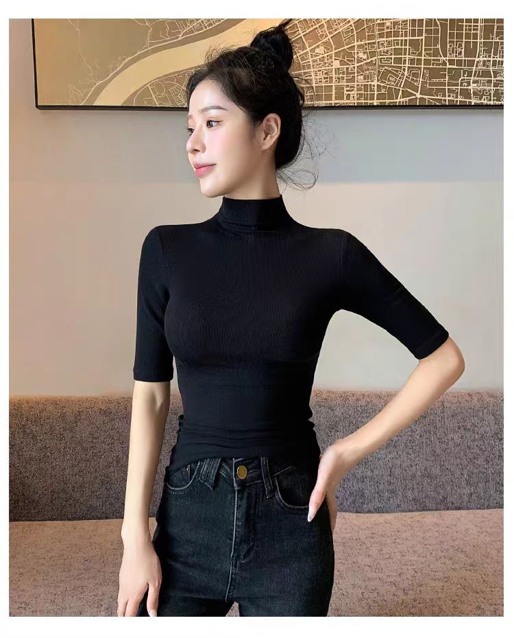 2024新款秋冬小立领短袖T恤女早秋新款韩版修身半高领五分袖纯色详情13