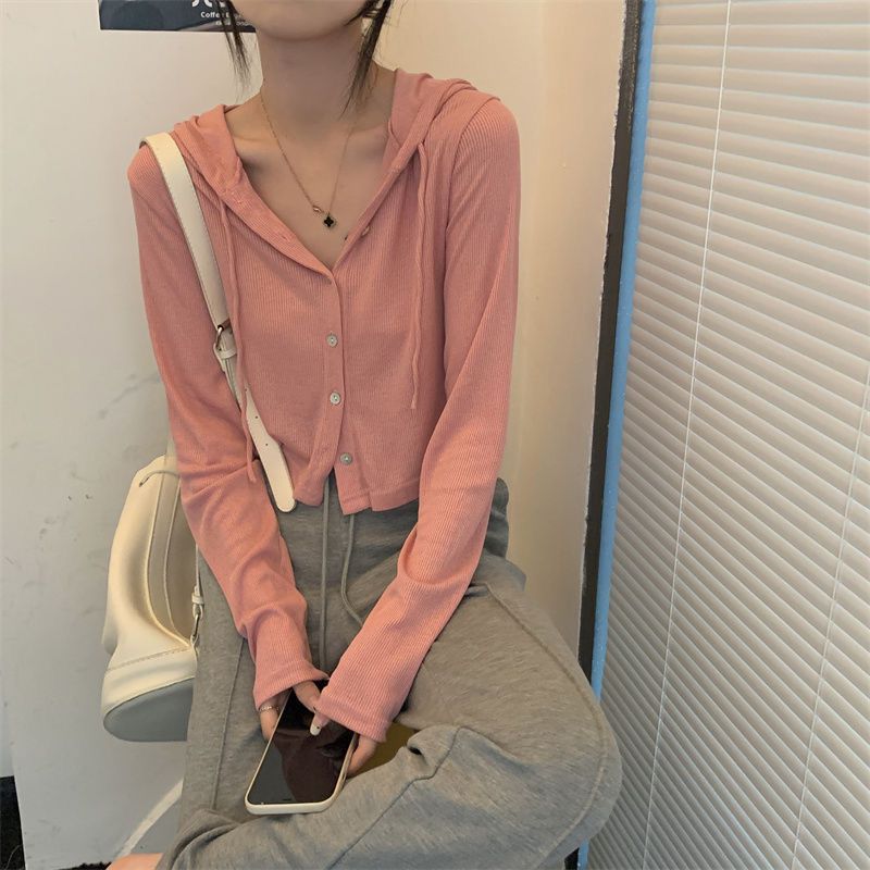 软糯连帽长袖开衫短外套女2023新款秋季懒惰风修身短款打底衫上衣详情29
