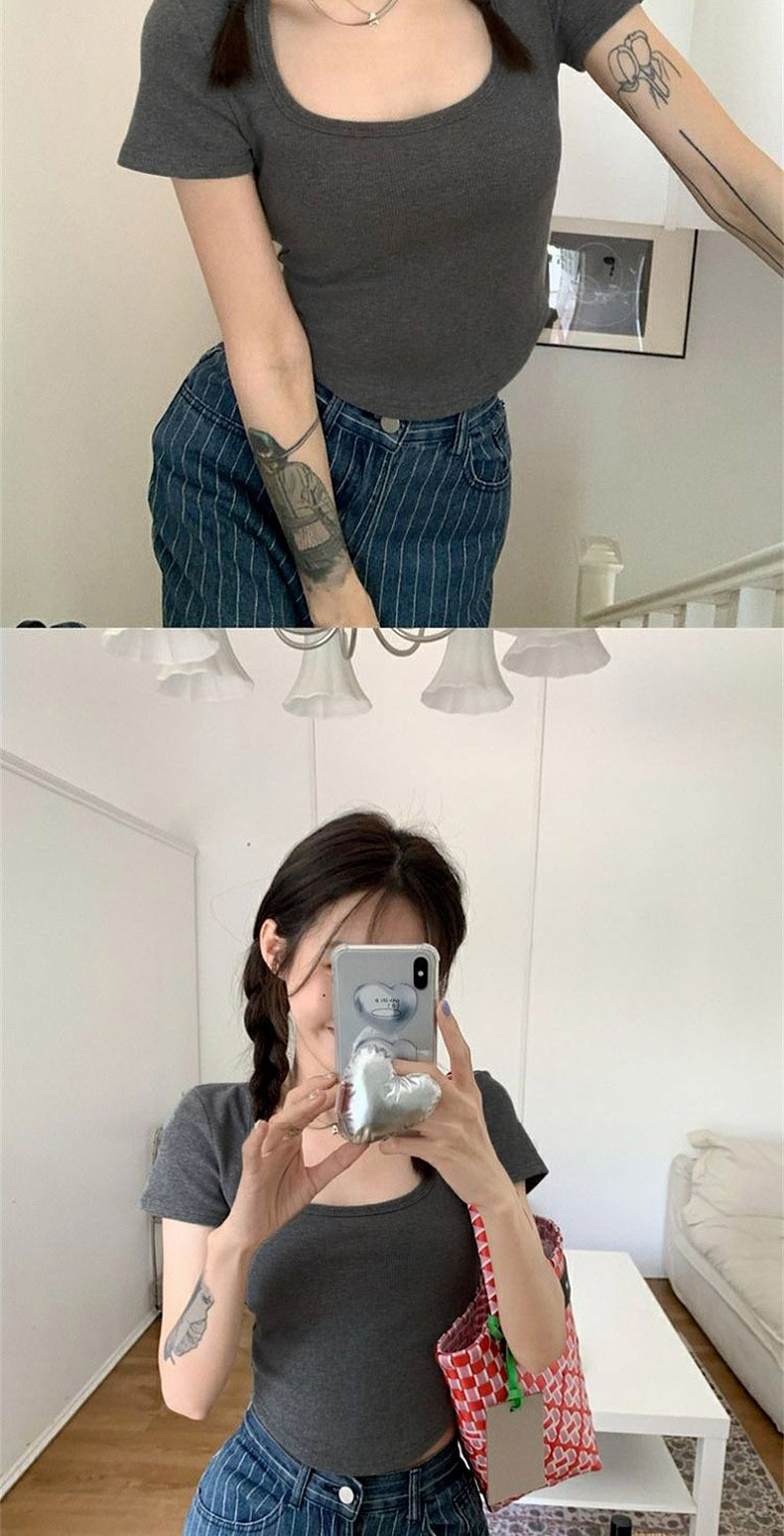 纯欲甜辣妹正肩方领短袖T恤女夏季ins设计感小众百搭显瘦短款上衣详情13