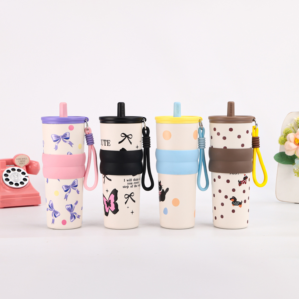 卡通插画提绳吸管杯304不锈钢真空保温杯车载保冷冰霸学生水杯详情3