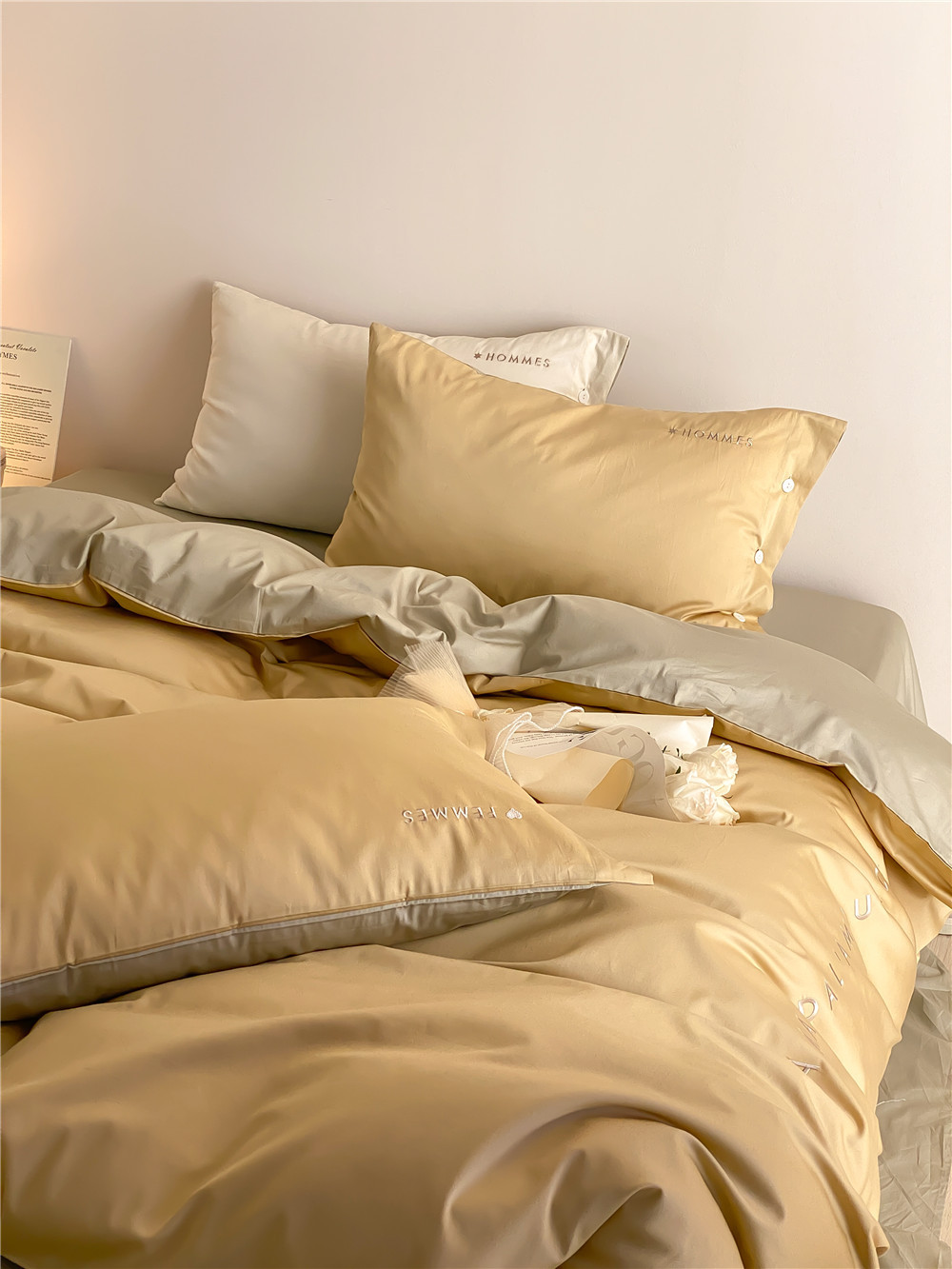 Simple, light luxury and fashionable solid-color long-staple cotton four-piece set, pure cotton letter-embroidered duvet cover, double bedding pic 49