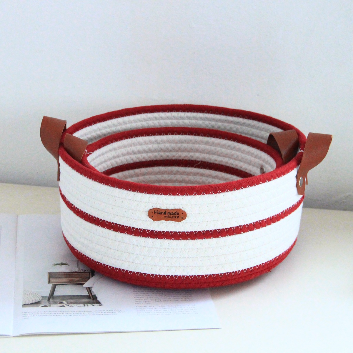 Round cotton rope woven storage basket with leather handle, InS-style desktop storage basket, cosmetics and toys storage box, Nordic style pic 29