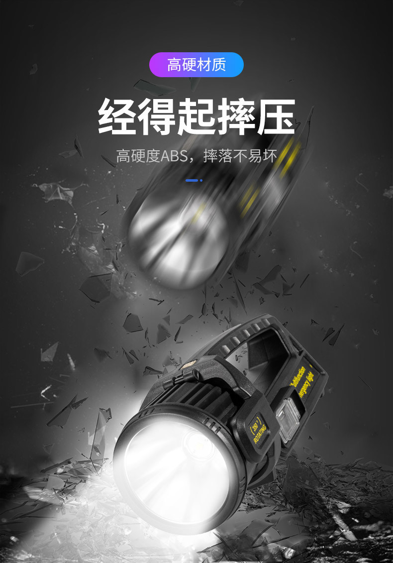 跨境新款P70强光手提灯USB充电灯头可旋转多功能太阳能LED探照灯详情15