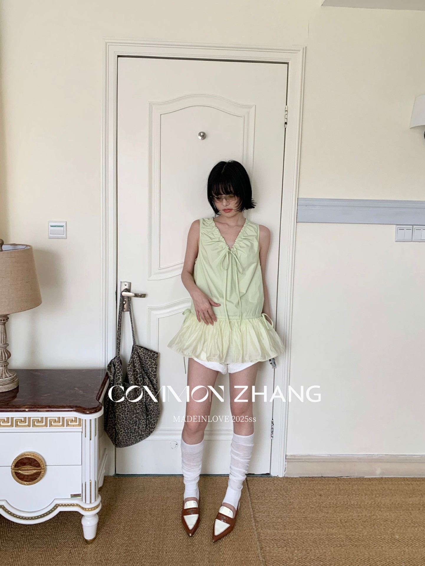 CZ ZHANG Summer French mint Manbo V-neck lace-up Youthful A-line puffed vest dress for women, B23782 pic 10