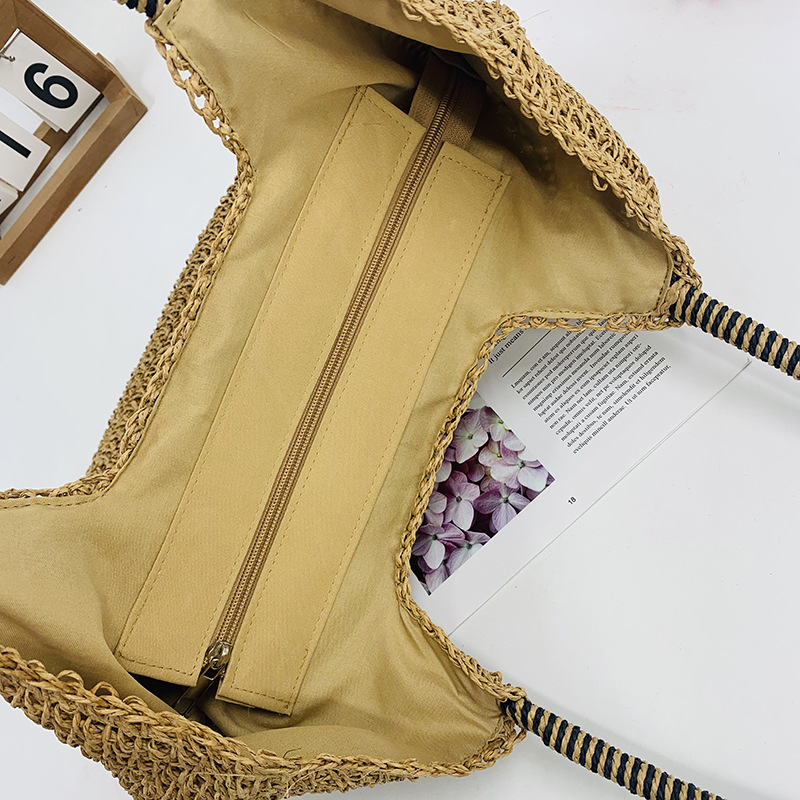 厂家批发 新款手提纯色欧美风草编包休闲百搭夏日编织沙滩包女包详情2