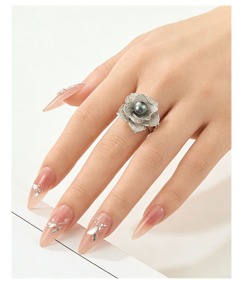 A light luxury and high-end grey pearl camellia open ring, a copper alloy slightly inlaid zircon adjustable index finger ring pic 12