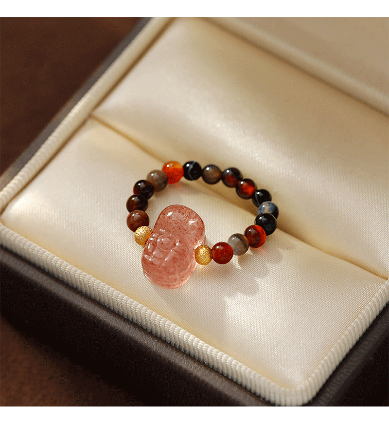 Hyacinth original design, handcrafted DIY tourmaline strawberry crystal PI Xiu ring, fashionable, light luxury, elegant and high-end beaded ring pic 2