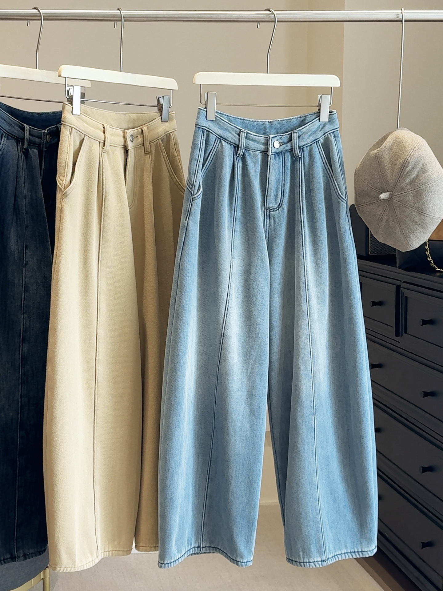 韩系复古加绒阔腿牛仔裤女2025冬新款高腰加厚直筒休闲宽松弯刀裤详情11