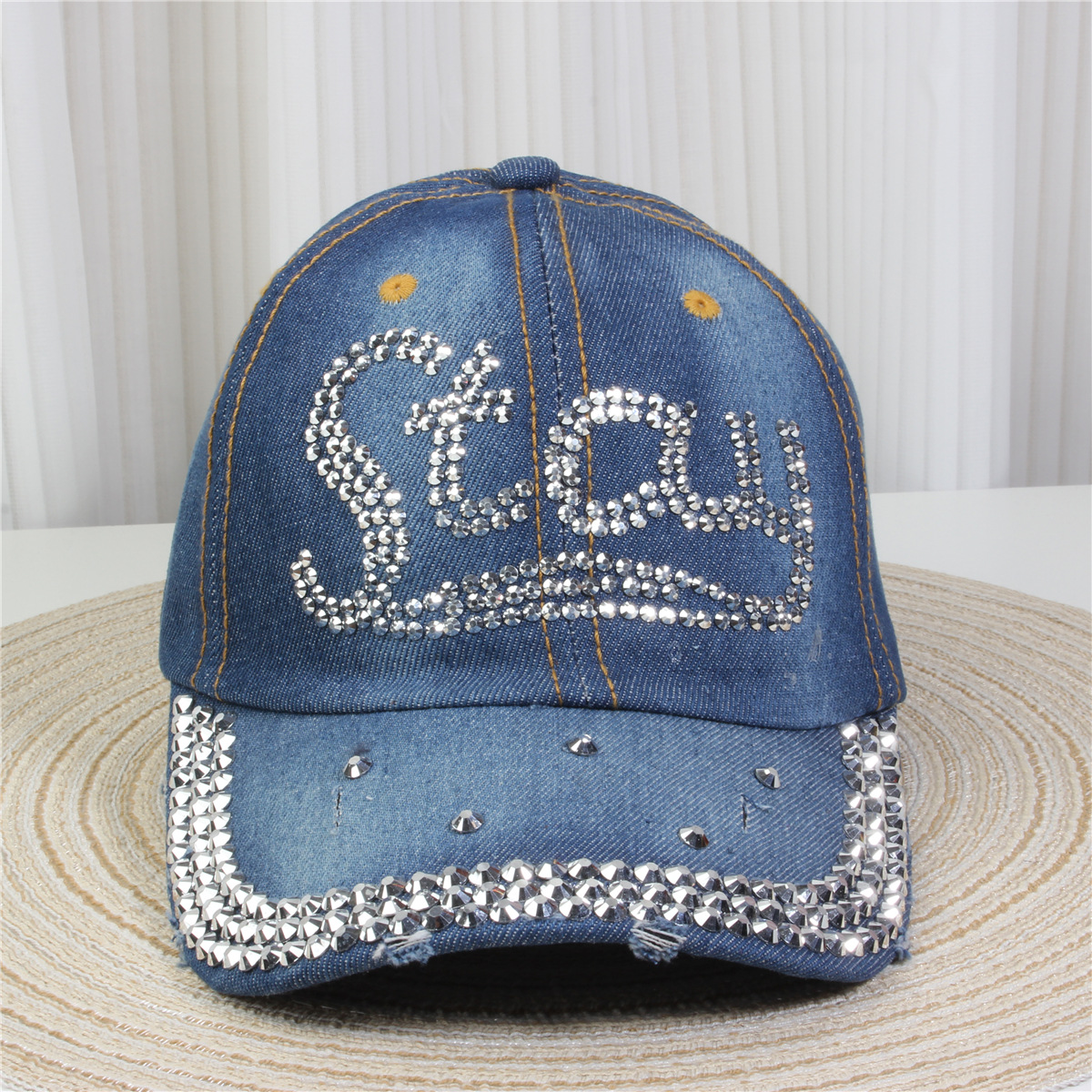 2024新款女士水钻镶钻牛仔布时尚洋气鸭舌帽休闲显脸小成人棒球帽详情18