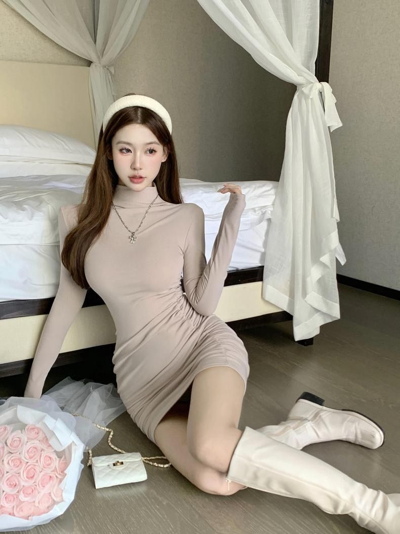 辣妹半高领长袖连衣裙女秋冬季修身包臀裙内搭打底裙纯欲风短裙子详情11