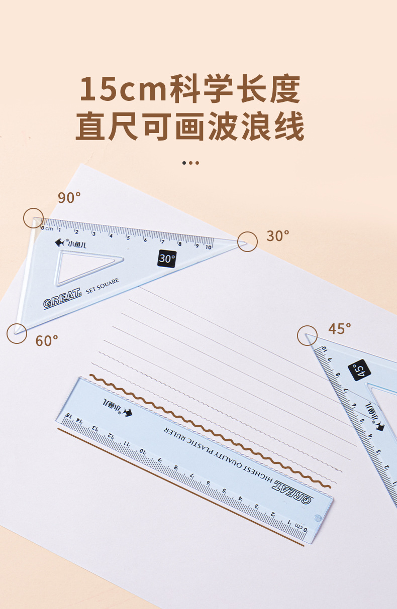 Small fish set, drawing ruler, 15cm transparent straight ruler with wavy line grid ruler, set of triangular ruler and protractor, four-piece set pic 10