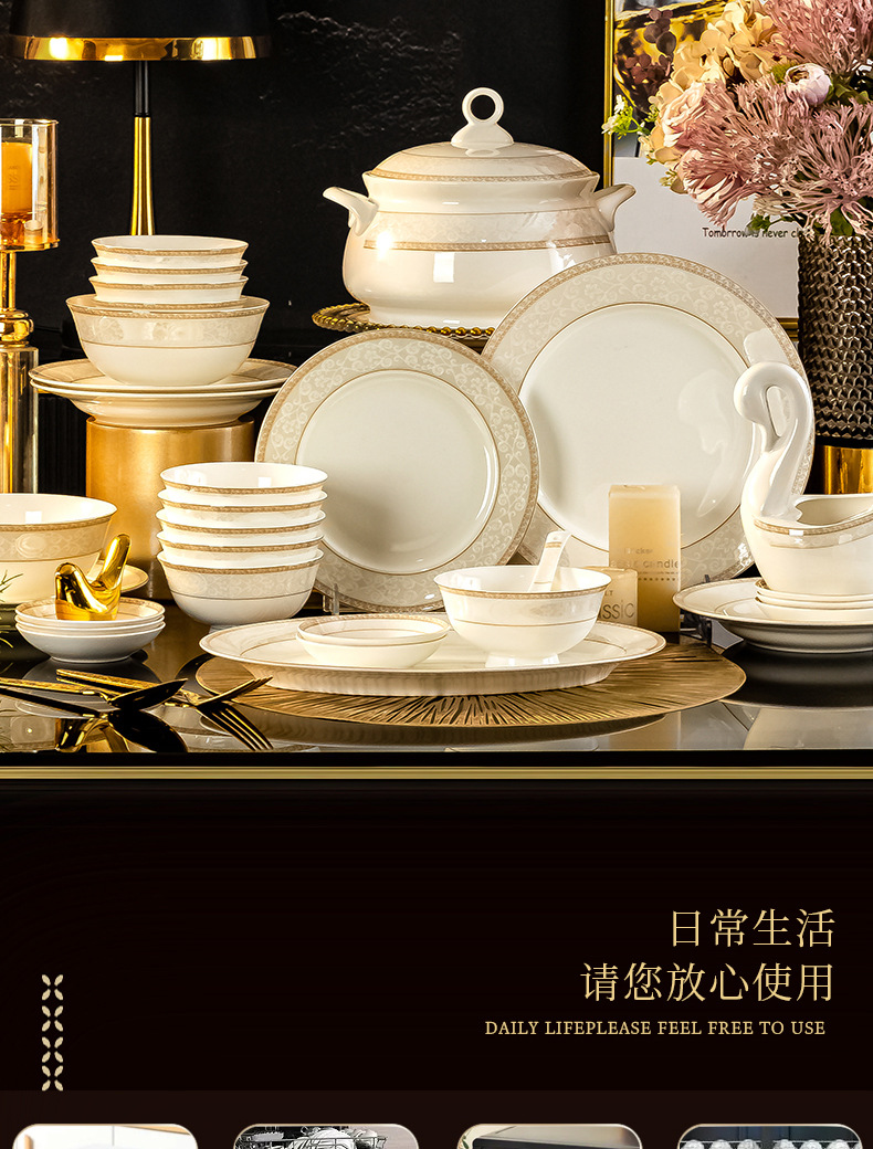 Ceramic tableware bowls, plates and plates set for home use, Jingdezhen Jinggesi Bone China bowl and chopstick set Company gift wholesale pic 10