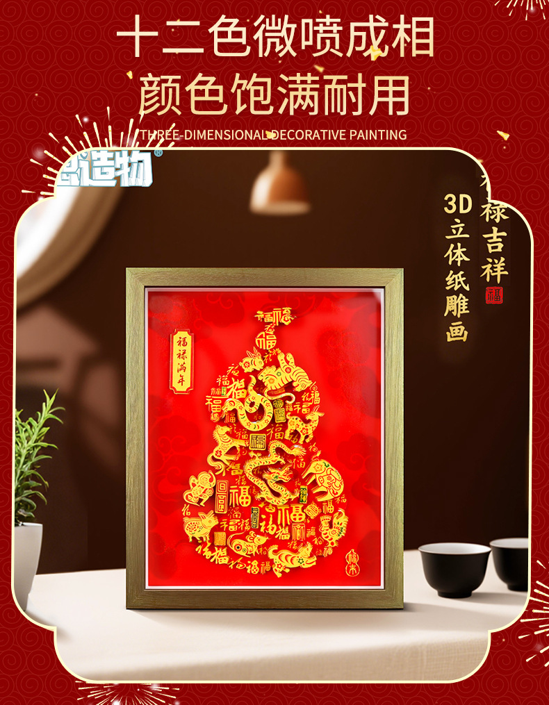 国潮新中式福禄吉祥3D立体diy剪纸画高颜值新年喜庆相框摆件送礼详情7