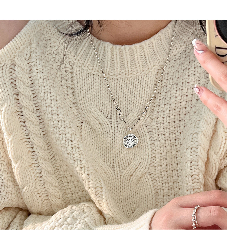 S925纯银复古圆牌小象图章项链女韩风高雅感毛衣链小众饰品精品详情14