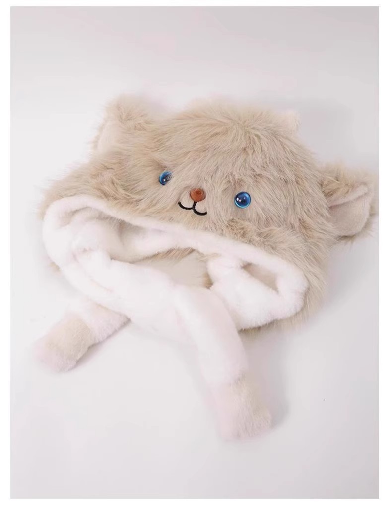 一件代发加厚毛绒绒狐狸耳朵帽子围巾一体秋冬季防寒保暖雷锋帽护颈显脸小地摊批发详情9