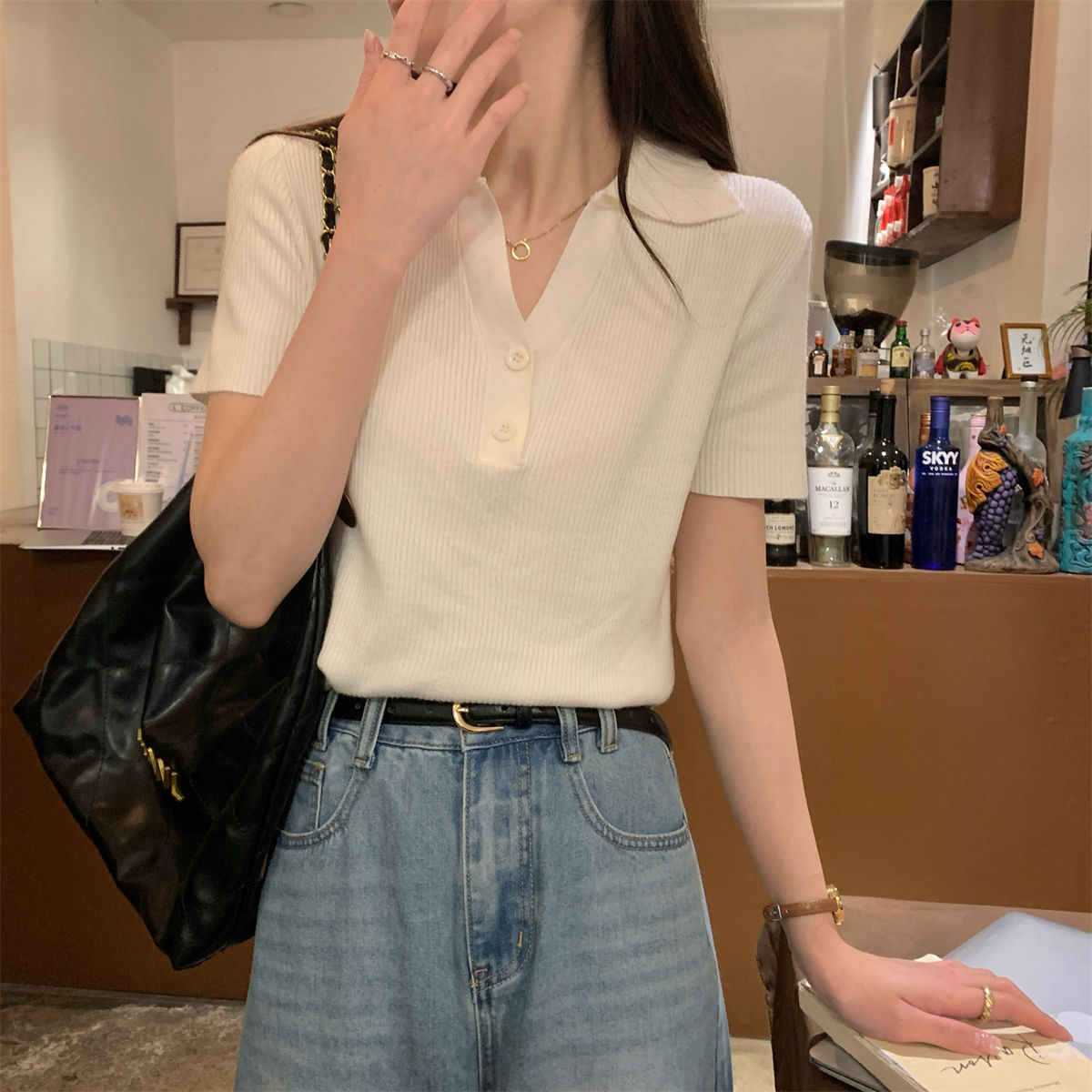 韩系坑条针织T恤夏季修身显瘦polo翻领正肩短袖女上衣气质打底衫详情10