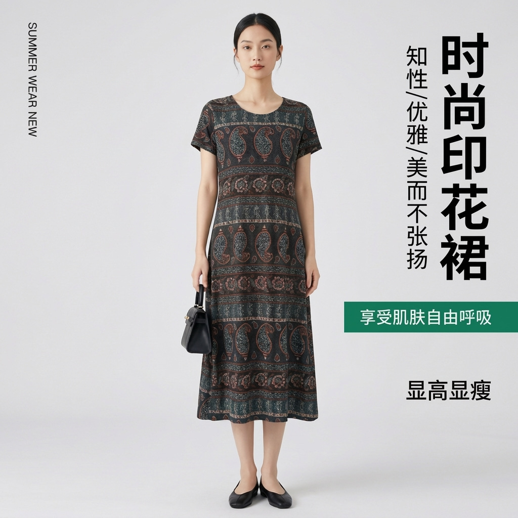26新款女长裙连衣裙修身长裙奥代棉印花裙淑女裙民族风印花裙爆款详情8
