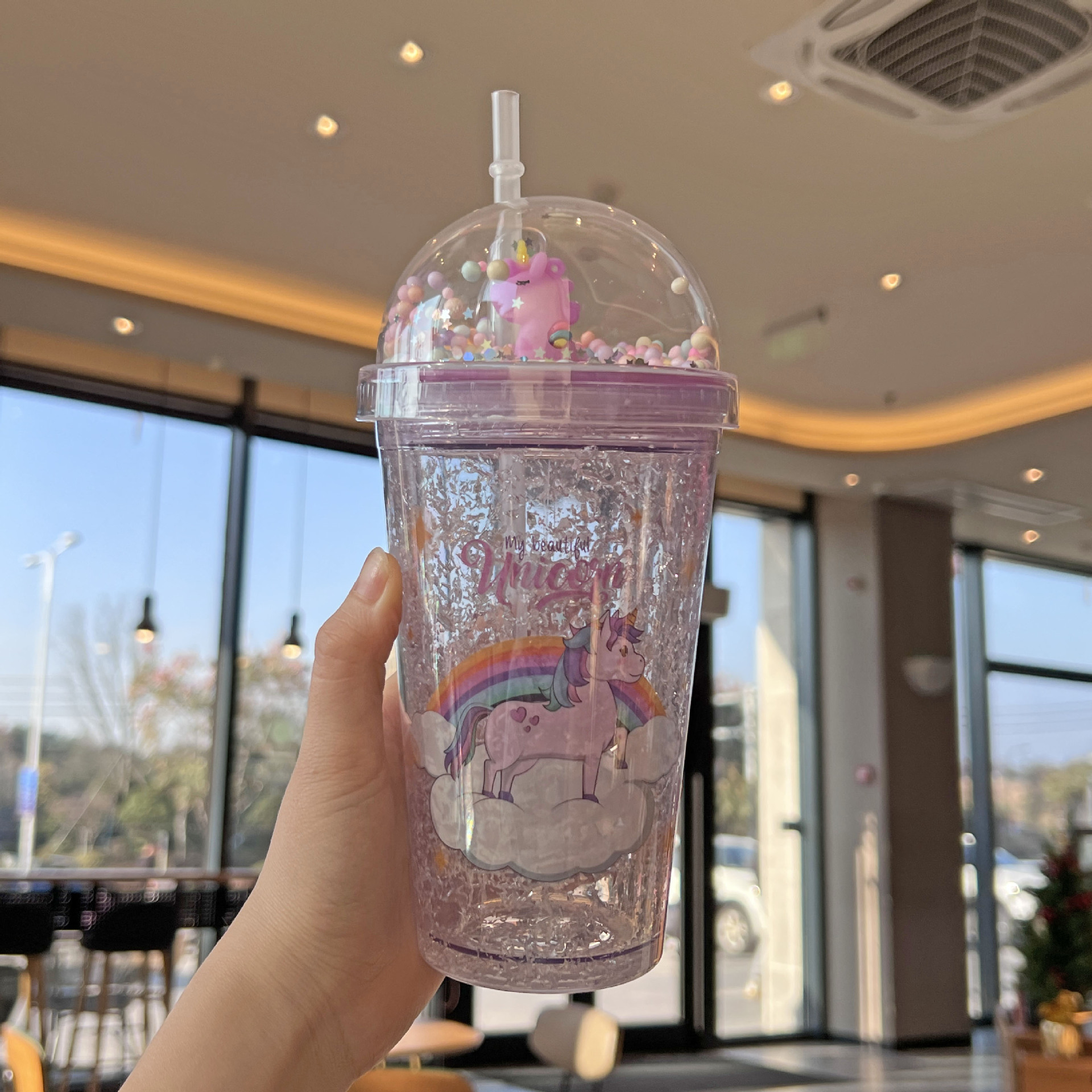外贸新款卡通独角兽儿童吸管杯双层碎冰杯网红高颜值塑料水杯批发详情14