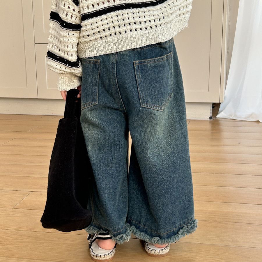 女童牛仔裤春秋款洋气新款女孩外穿宝宝直筒长裤中小童毛边阔腿裤详情2
